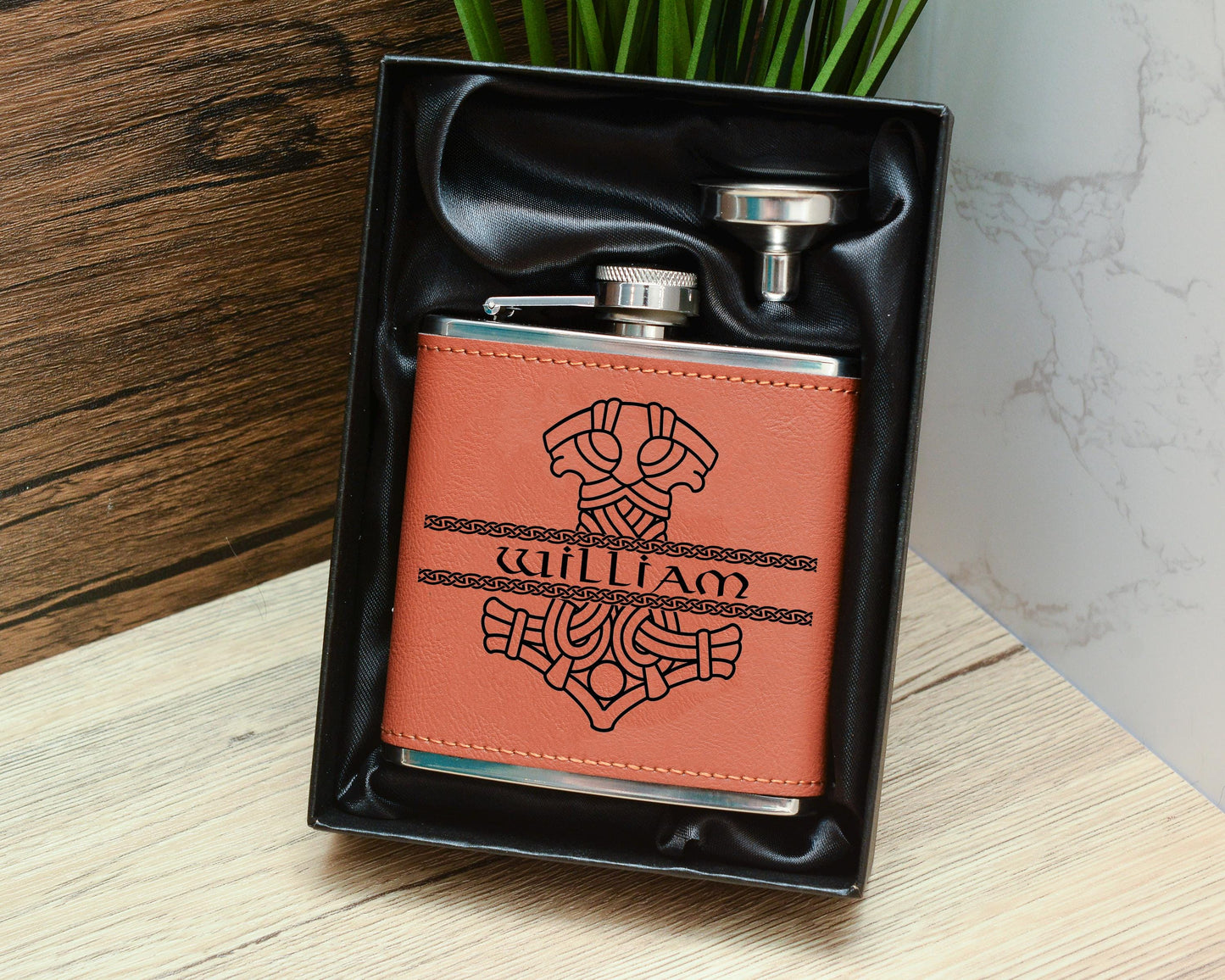 Personalised Viking hipflask PU Leather, Norse 6 oz drinking flask. vegan leather pagan symbols. Custom Engraved Gift for Him. Groomsman
