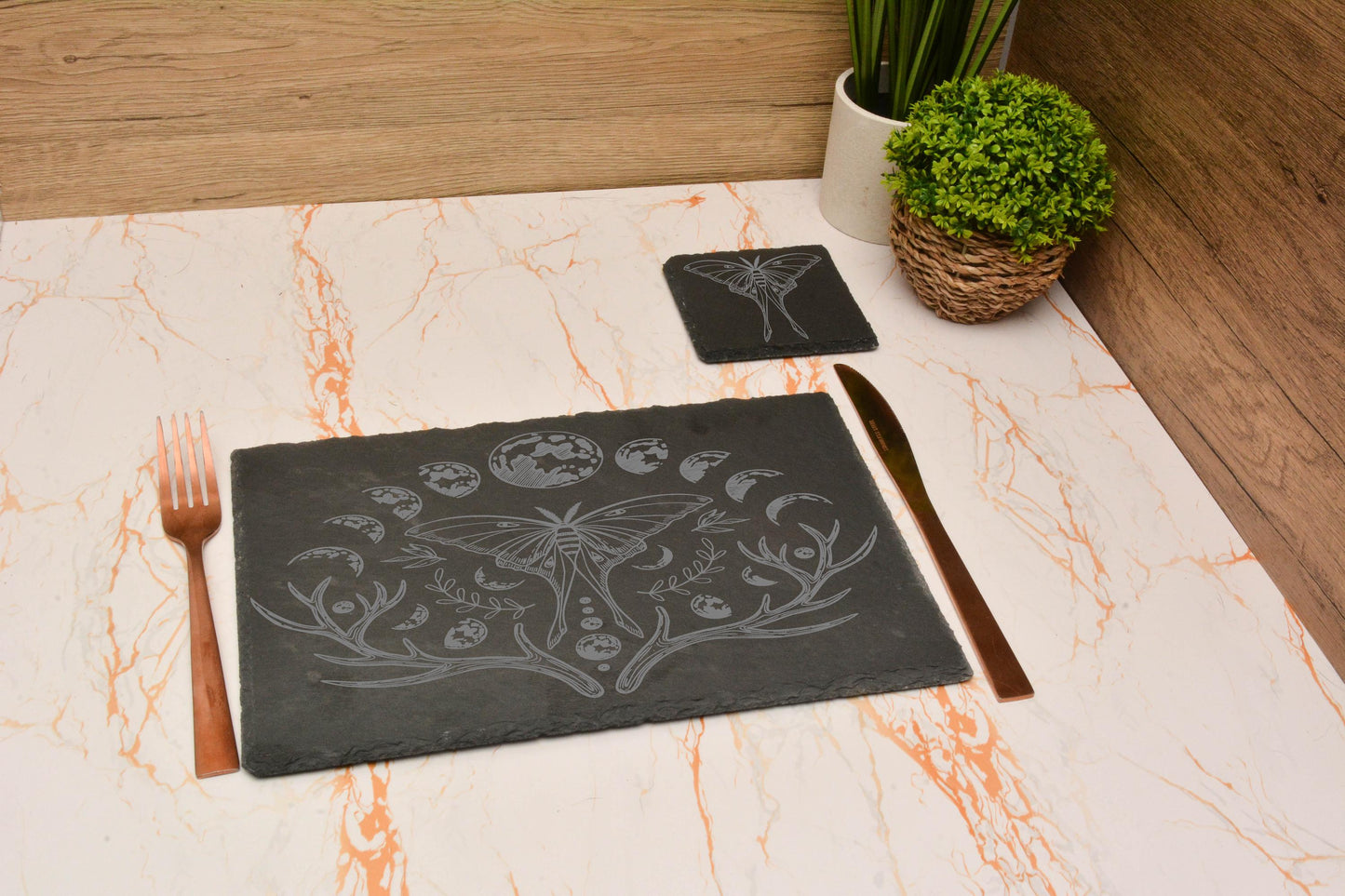 Luna Moth Slate Dining Set – Witchy Moon Phase Placemat & Coaster Gift, Gothic Pagan Home Decor