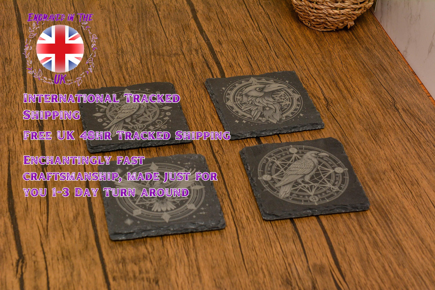 Mystical Raven Slate Coaster with Intricate Design, Witchy Natural Stone Drink Coaster in Circular or Square, Gothic, Occult, Pagan Decor