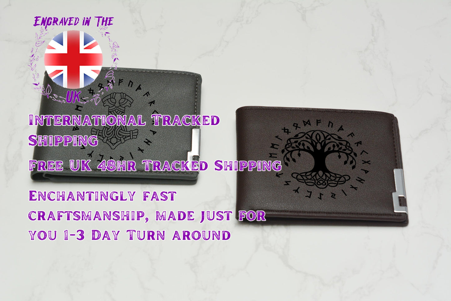 Norse Viking Wallet PU Leather, Personalised Laser Engraved Tree of Life Design, Norse Mythology Gift. Vegan Friendly. Norse Inspired.