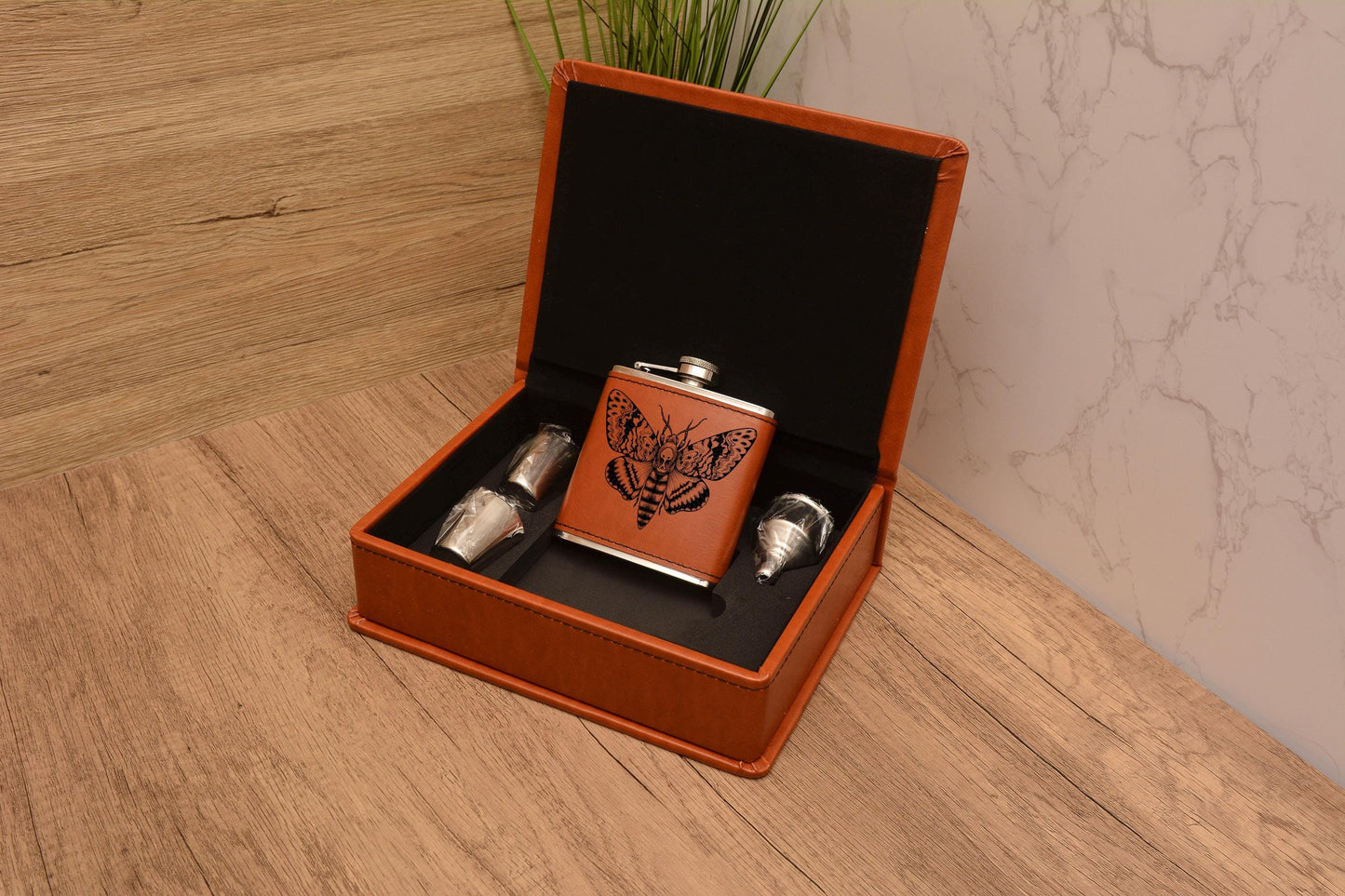 Deaths Head Moth Hip Flask Gift Set, Gothic PU Leather Engraved Flask with 2 Shot Glasses & Funnel, Moth Lover Gift for Him or Her.