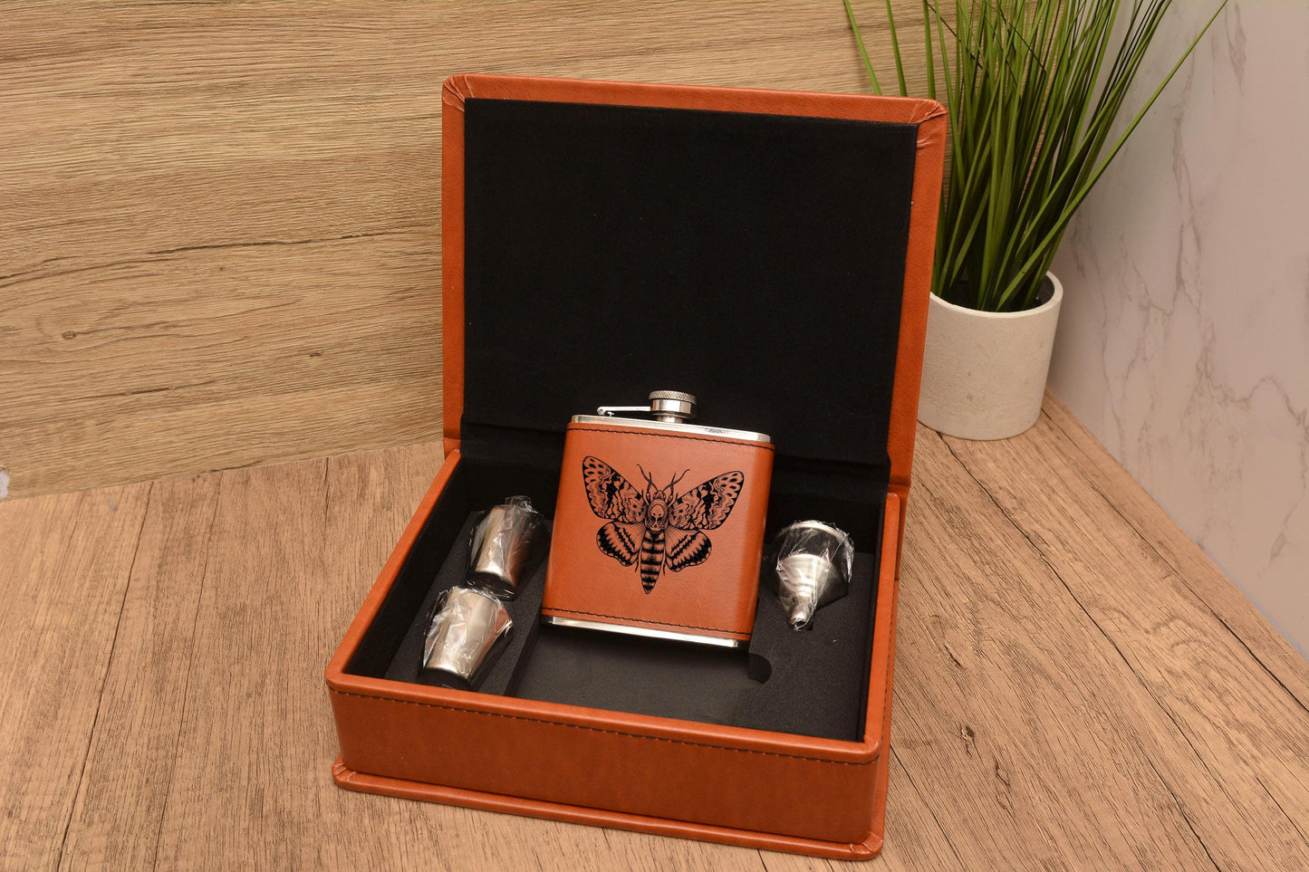 Deaths Head Moth Hip Flask Gift Set, Gothic PU Leather Engraved Flask with 2 Shot Glasses & Funnel, Moth Lover Gift for Him or Her.