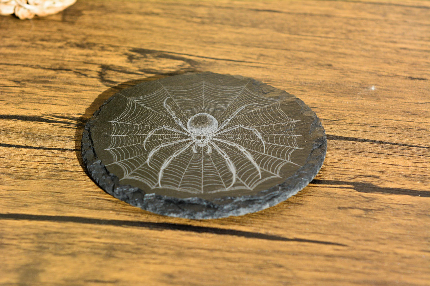 Spider Web Slate Coaster – Round or Square Natural Stone Mat, Gothic Halloween Decor, Witchy Gift, Laser Engraved Gothic Homeware