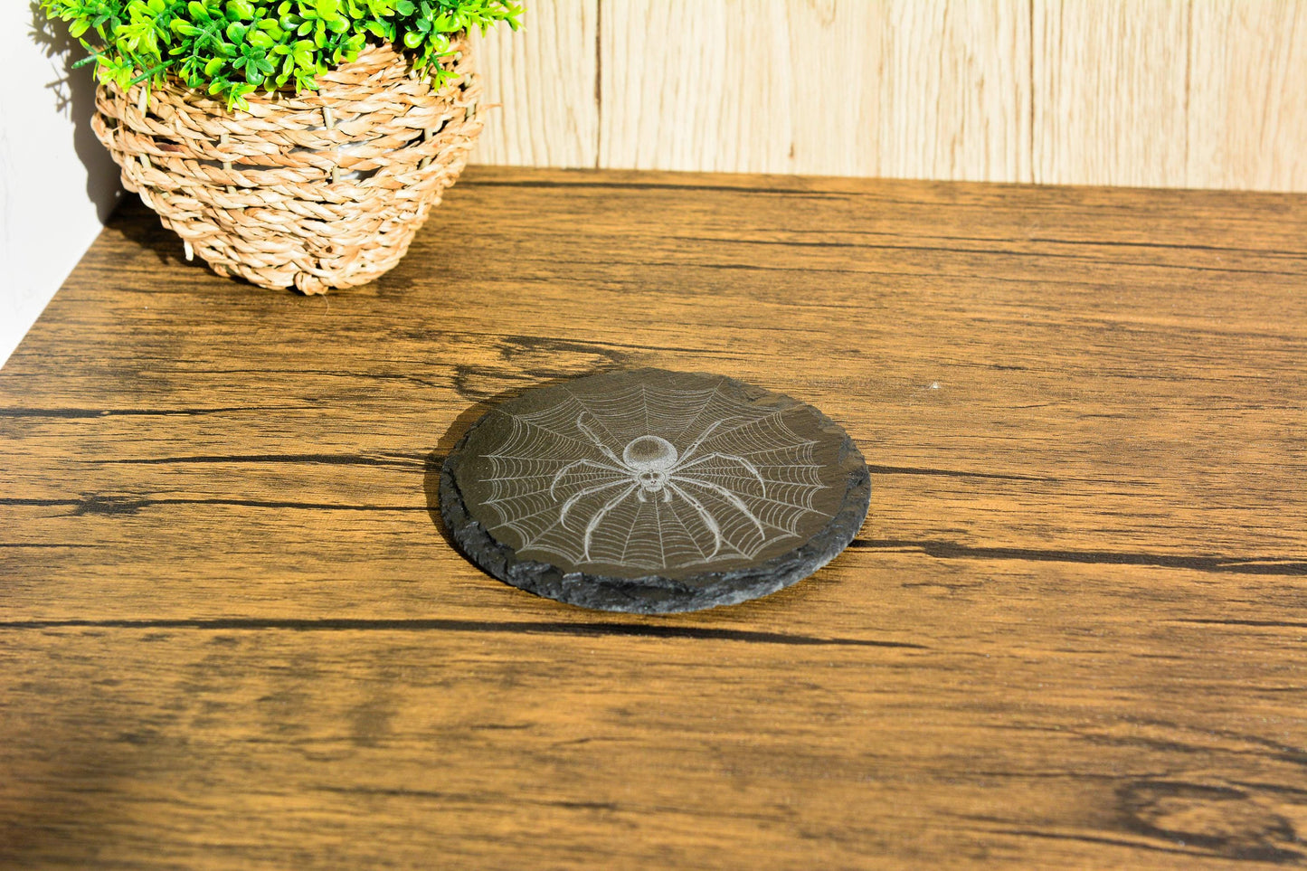 Spider Web Slate Coaster – Round or Square Natural Stone Mat, Gothic Halloween Decor, Witchy Gift, Laser Engraved Gothic Homeware