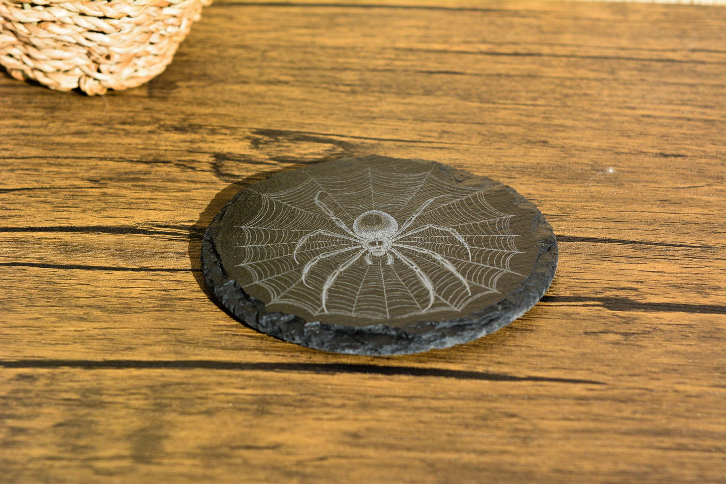 Spider Web Slate Coaster – Round or Square Natural Stone Mat, Gothic Halloween Decor, Witchy Gift, Laser Engraved Gothic Homeware