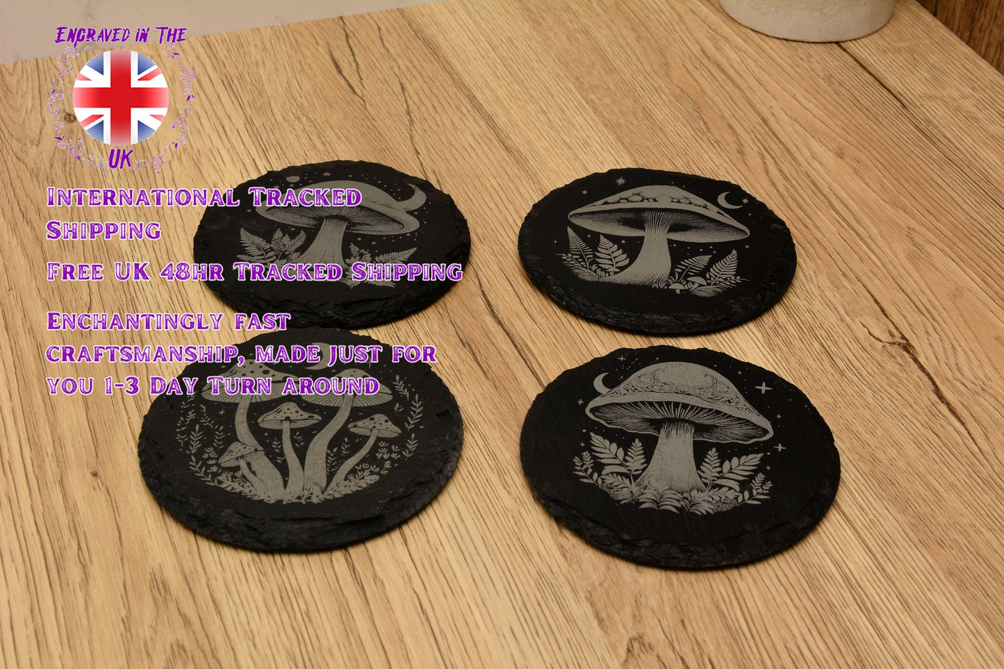 Enchanted Forest Mushrooms Slate Coasters, Rustic Natural Stone Coaster, Home Decor and Gifts