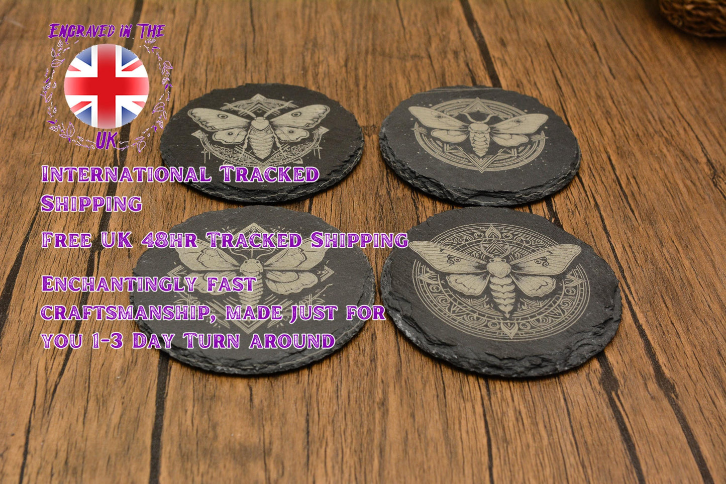 Mystical Moth Slate Coaster – Gothic Pagan Decor, Witchy Drink Mat in Square or Circle, Occult Nature-Inspired Stone Coaster