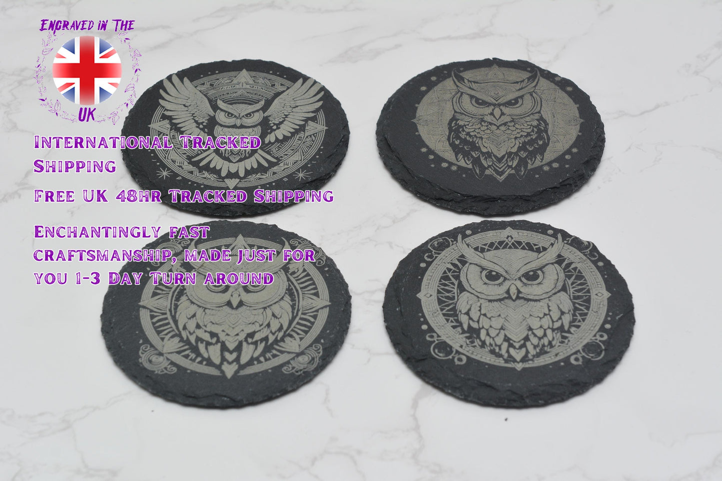 Enchanted Forest Decor Woodland Magic Style • Mystical Animal Slate Circle or Square • Whimsical Owl Coaster • Gothic Gift • For Wiccans