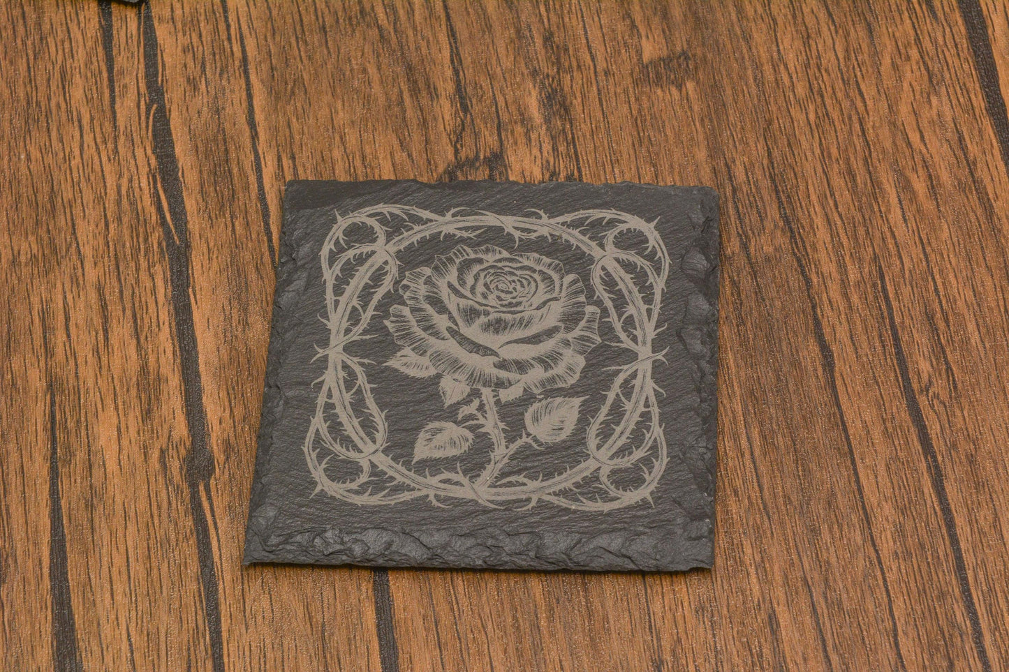 Gothic Rose Slate Coaster, Laser Engraved Floral Coaster, Gothic Home Decor, Engraved in UK – Gift for Witchy & Dark Aesthetic Lovers