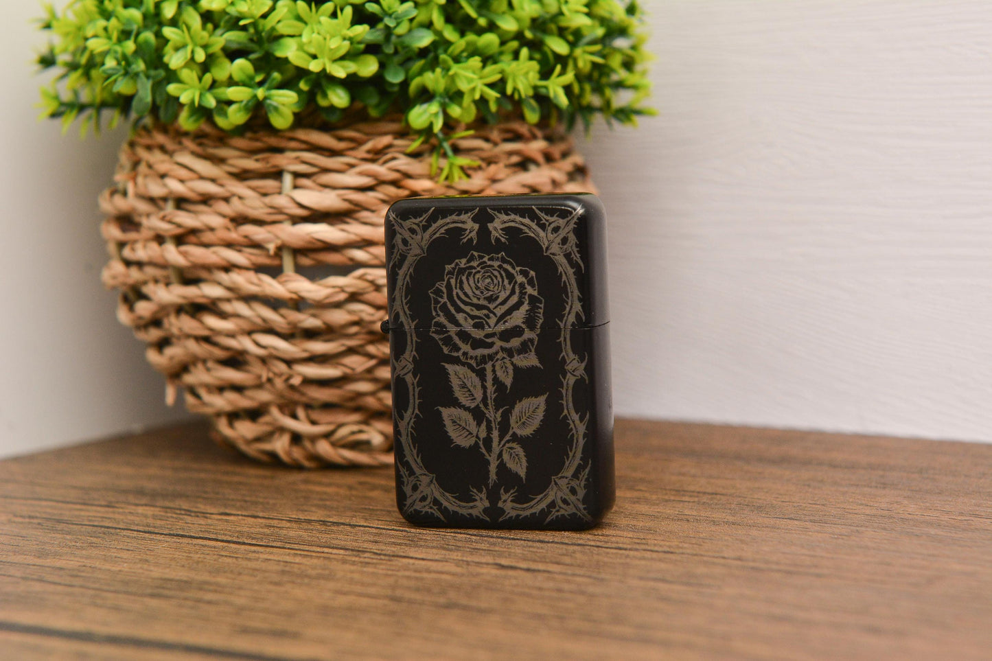 Gothic Rose Engraved Refillable Flip Lighter – Dark Floral Petrol Lighter in Gift Tin, Witchy Pagan Gift for Him or Her