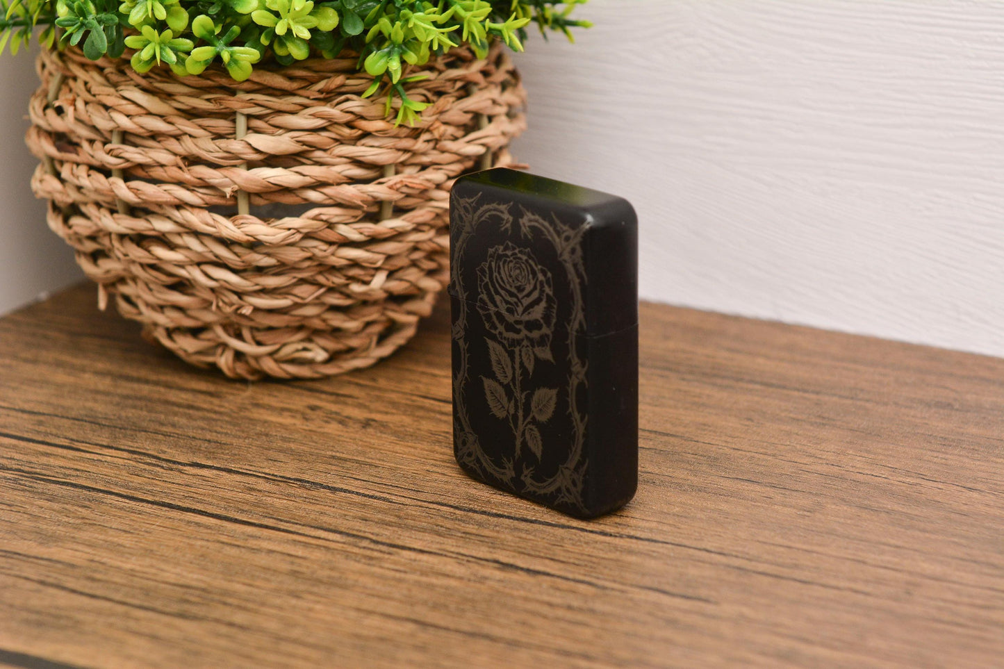 Gothic Rose Engraved Refillable Flip Lighter – Dark Floral Petrol Lighter in Gift Tin, Witchy Pagan Gift for Him or Her