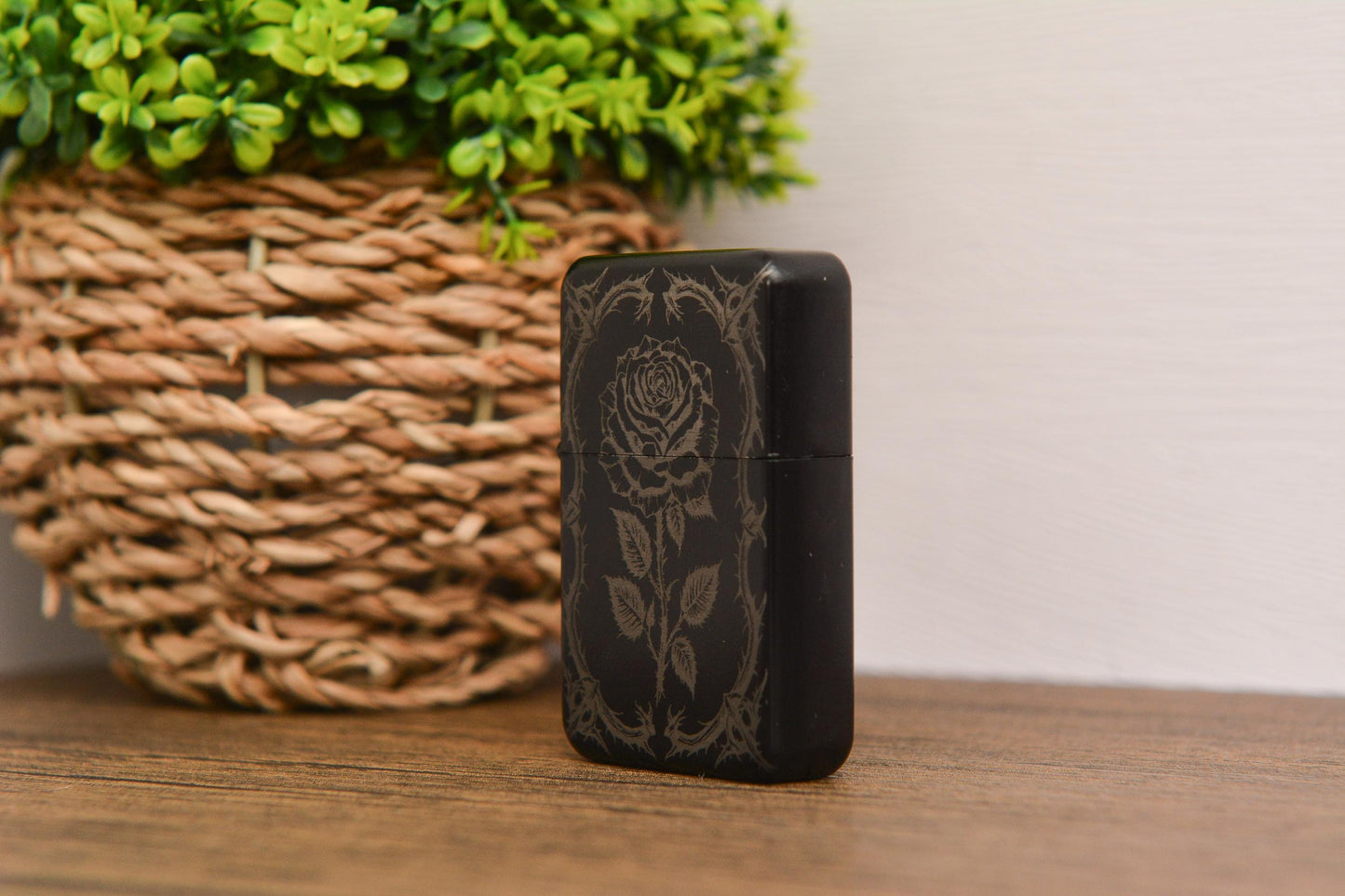 Gothic Rose Engraved Refillable Flip Lighter – Dark Floral Petrol Lighter in Gift Tin, Witchy Pagan Gift for Him or Her