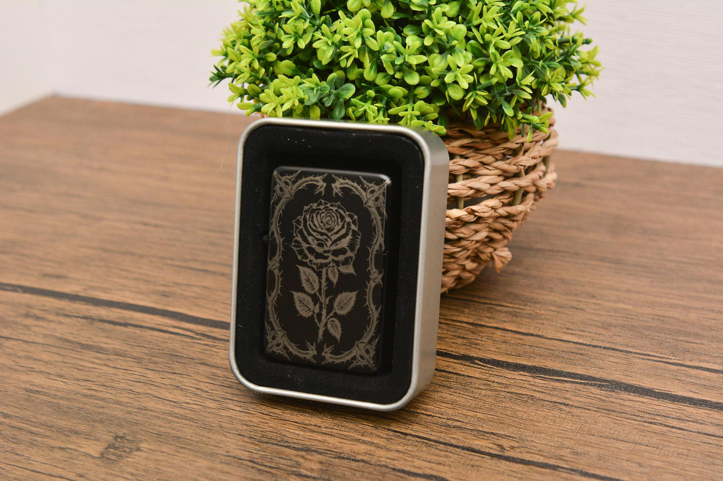 Gothic Rose Engraved Refillable Flip Lighter – Dark Floral Petrol Lighter in Gift Tin, Witchy Pagan Gift for Him or Her
