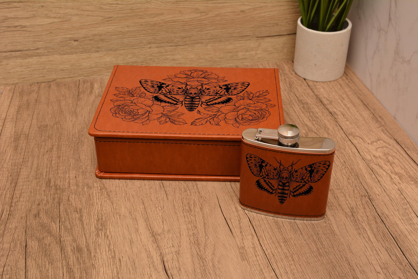 Deaths Head Moth Hip Flask Gift Set, Gothic PU Leather Engraved Flask with 2 Shot Glasses & Funnel, Moth Lover Gift for Him or Her.