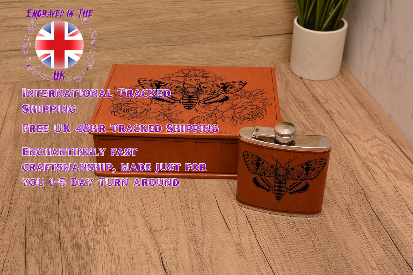 Deaths Head Moth Hip Flask Gift Set, Gothic PU Leather Engraved Flask with 2 Shot Glasses & Funnel, Moth Lover Gift for Him or Her.