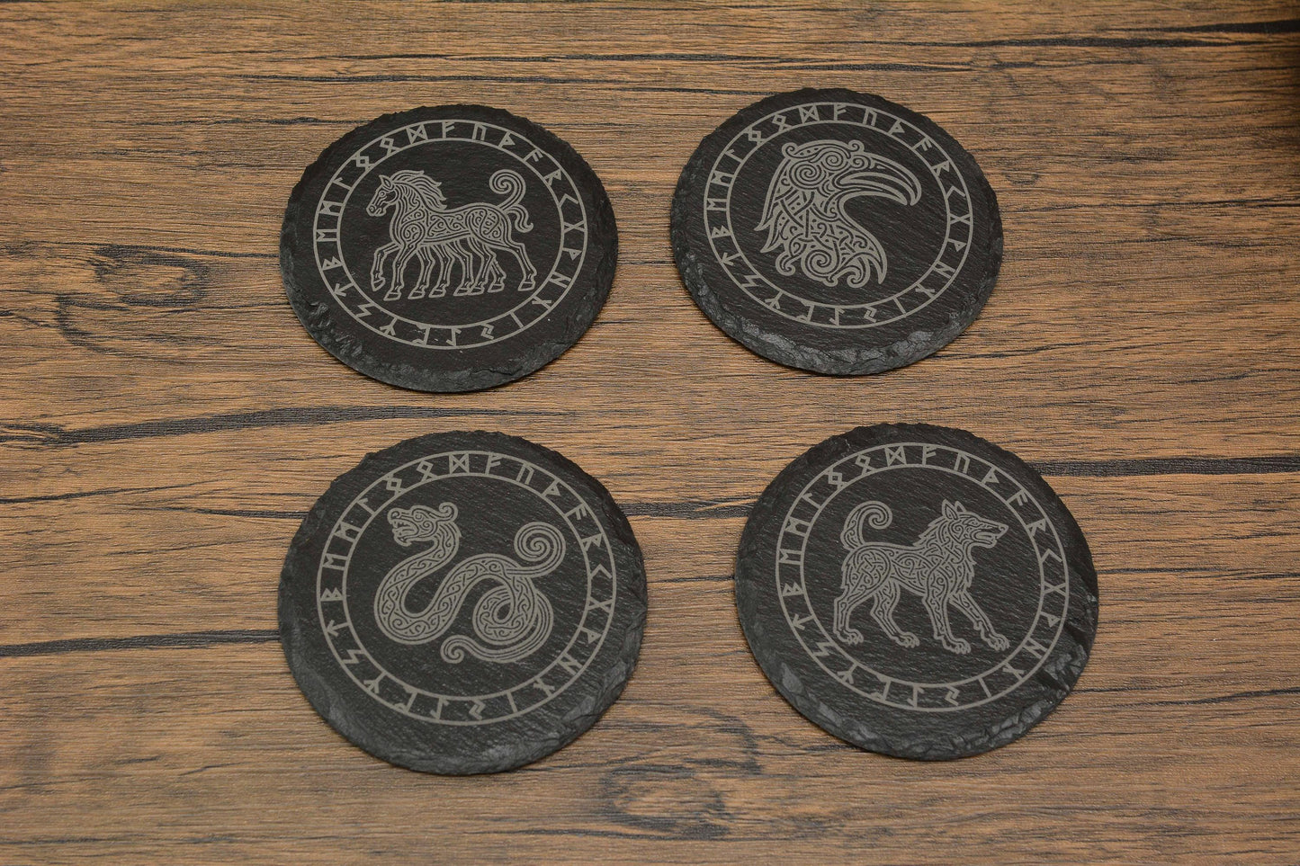 Norse Mythology Slate Coaster, Viking Animal Runes, Engraved Odin's Creatures, Nordic Home Gift for Him or Her, Mythology Decor for Pagan