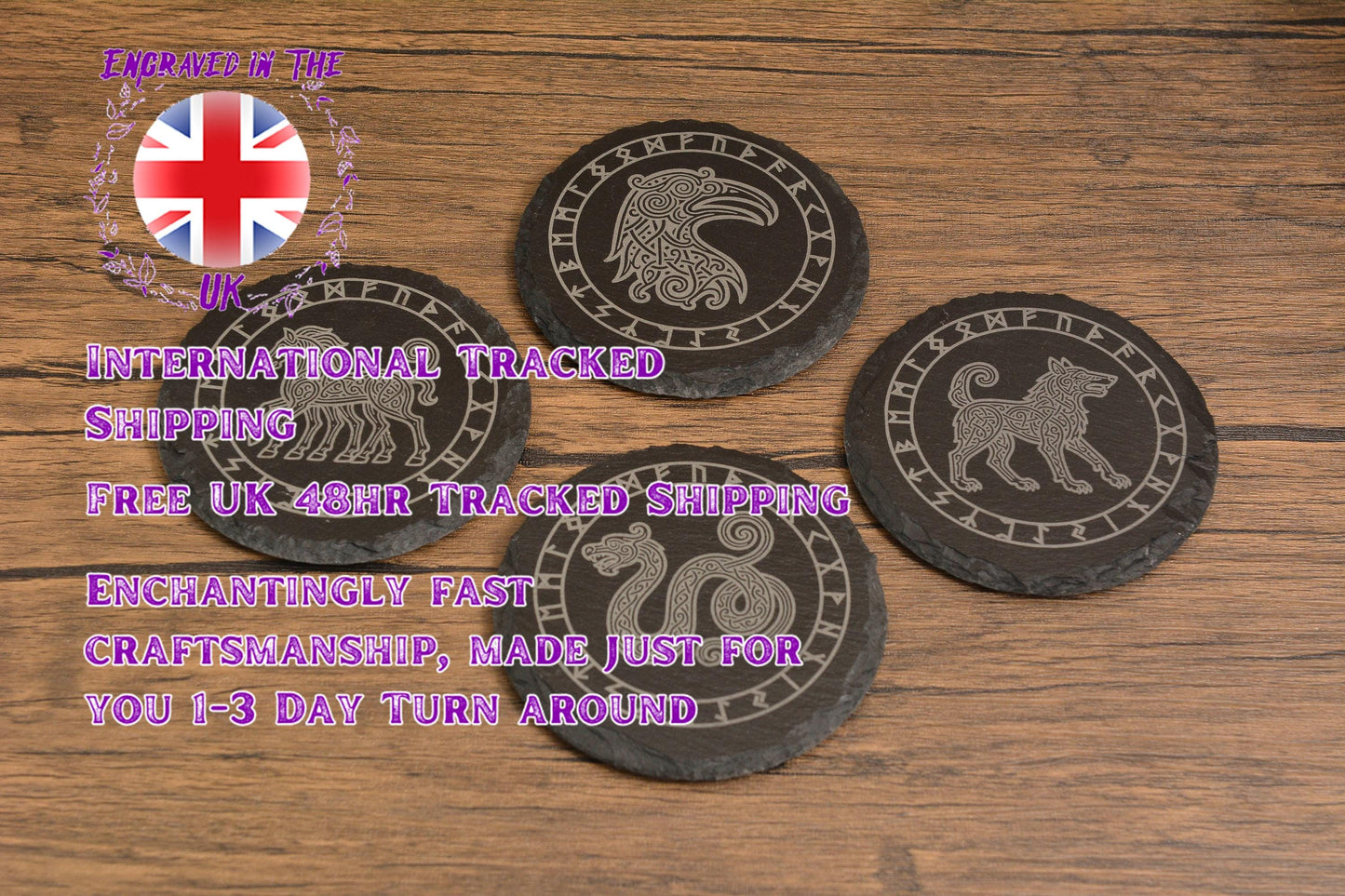 Norse Mythology Slate Coaster, Viking Animal Runes, Engraved Odin's Creatures, Nordic Home Gift for Him or Her, Mythology Decor for Pagan