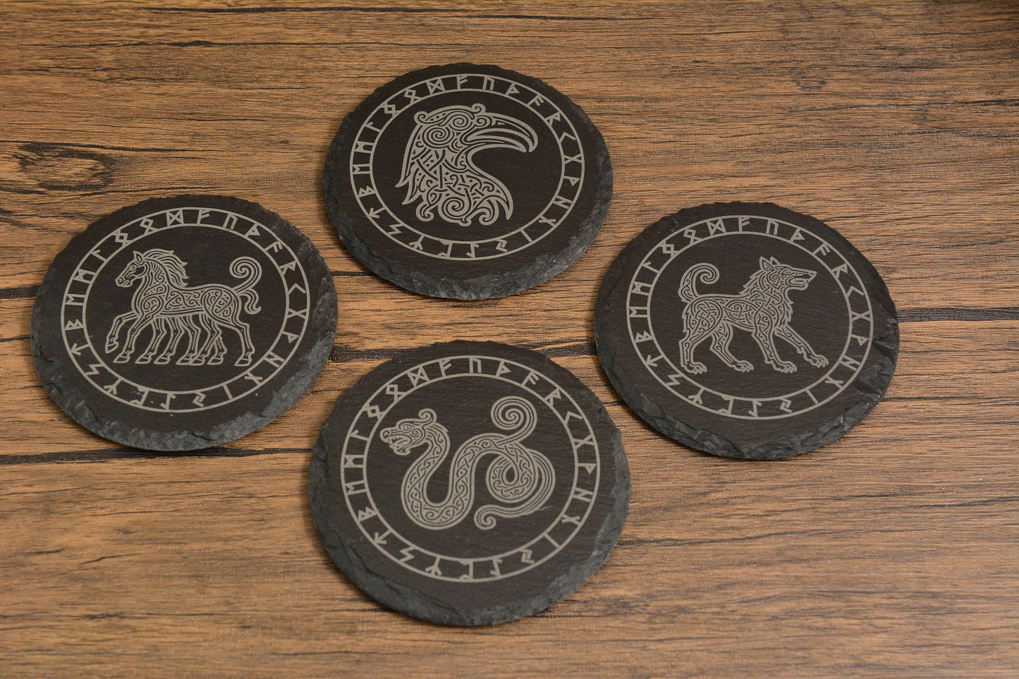 Norse Mythology Slate Coaster, Viking Animal Runes, Engraved Odin's Creatures, Nordic Home Gift for Him or Her, Mythology Decor for Pagan