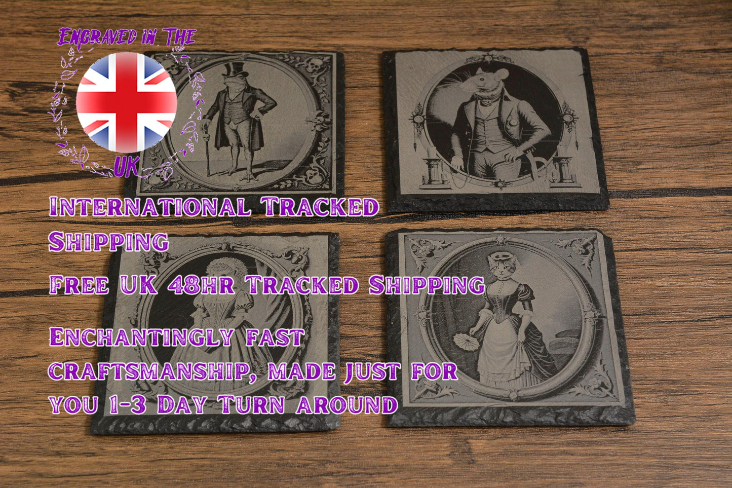 Gothic Slate Coaster, Victorian Animal Portraits of Frog, Cat, Rat & Hedgehog, Laser Engraved Rustic Drink Coaster, Quirky Gothic Home Decor