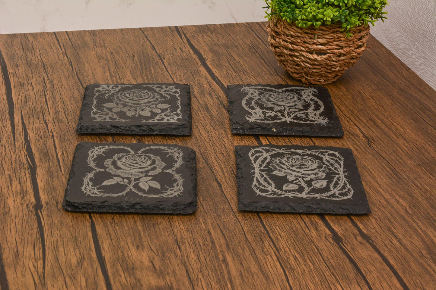 Gothic Rose Slate Coaster, Laser Engraved Floral Coaster, Gothic Home Decor, Engraved in UK – Gift for Witchy & Dark Aesthetic Lovers