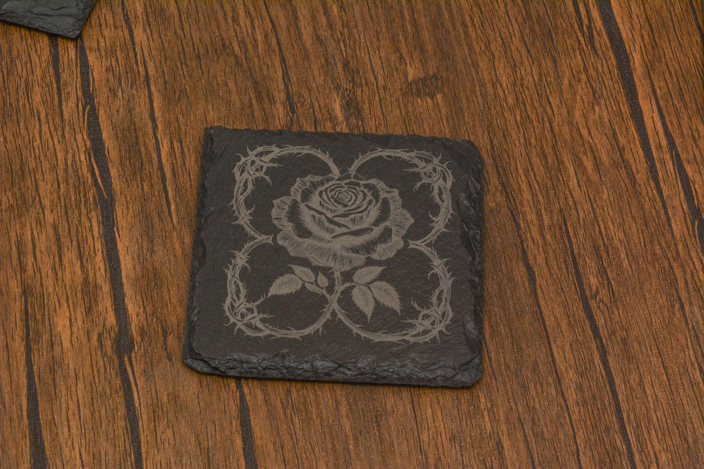 Gothic Rose Slate Coaster, Laser Engraved Floral Coaster, Gothic Home Decor, Engraved in UK – Gift for Witchy & Dark Aesthetic Lovers