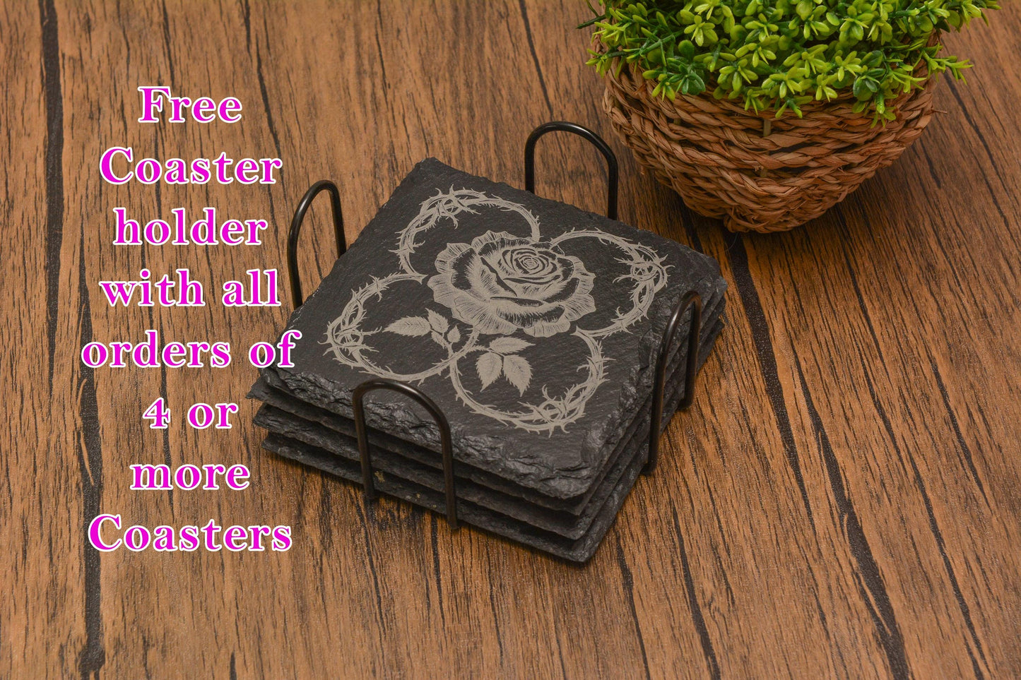 Gothic Rose Slate Coaster, Laser Engraved Floral Coaster, Gothic Home Decor, Engraved in UK – Gift for Witchy & Dark Aesthetic Lovers