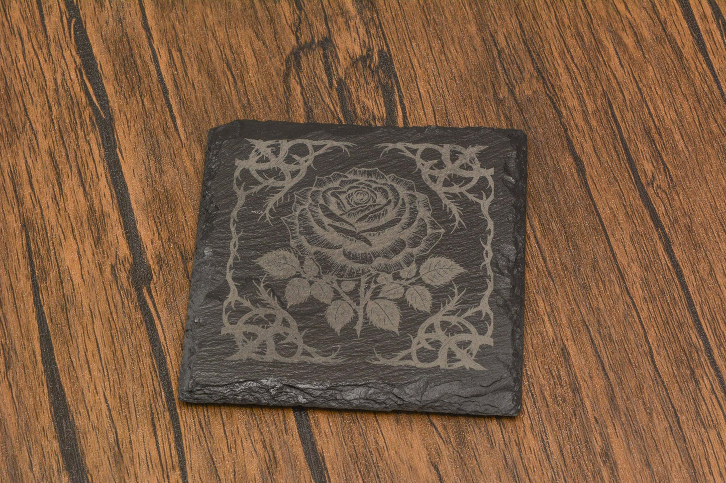 Gothic Rose Slate Coaster, Laser Engraved Floral Coaster, Gothic Home Decor, Engraved in UK – Gift for Witchy & Dark Aesthetic Lovers