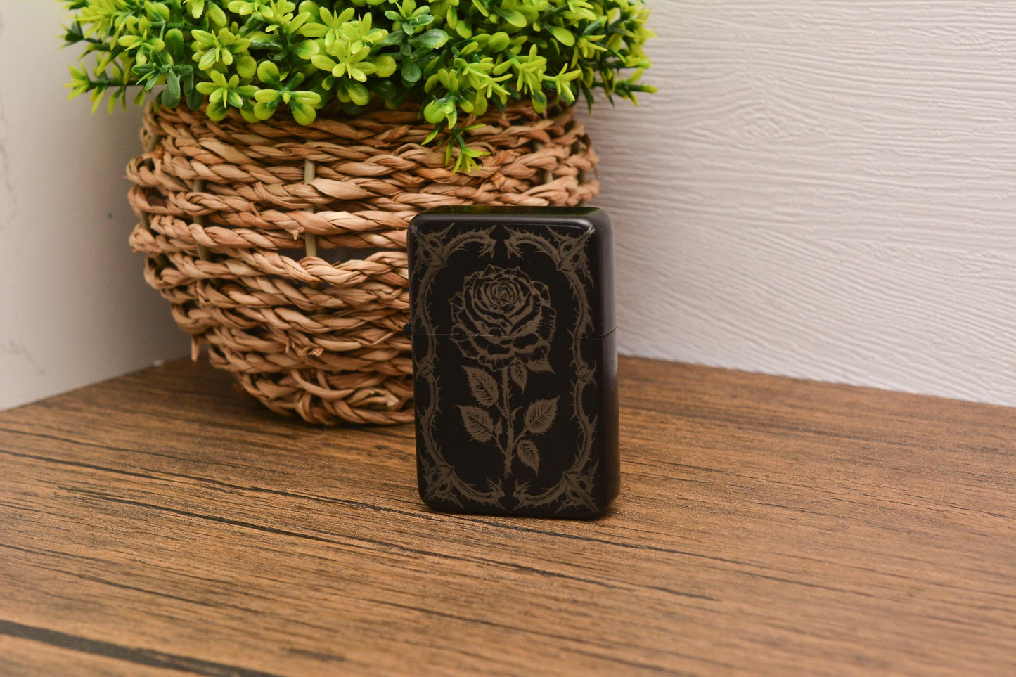 Gothic Rose Engraved Refillable Flip Lighter – Dark Floral Petrol Lighter in Gift Tin, Witchy Pagan Gift for Him or Her