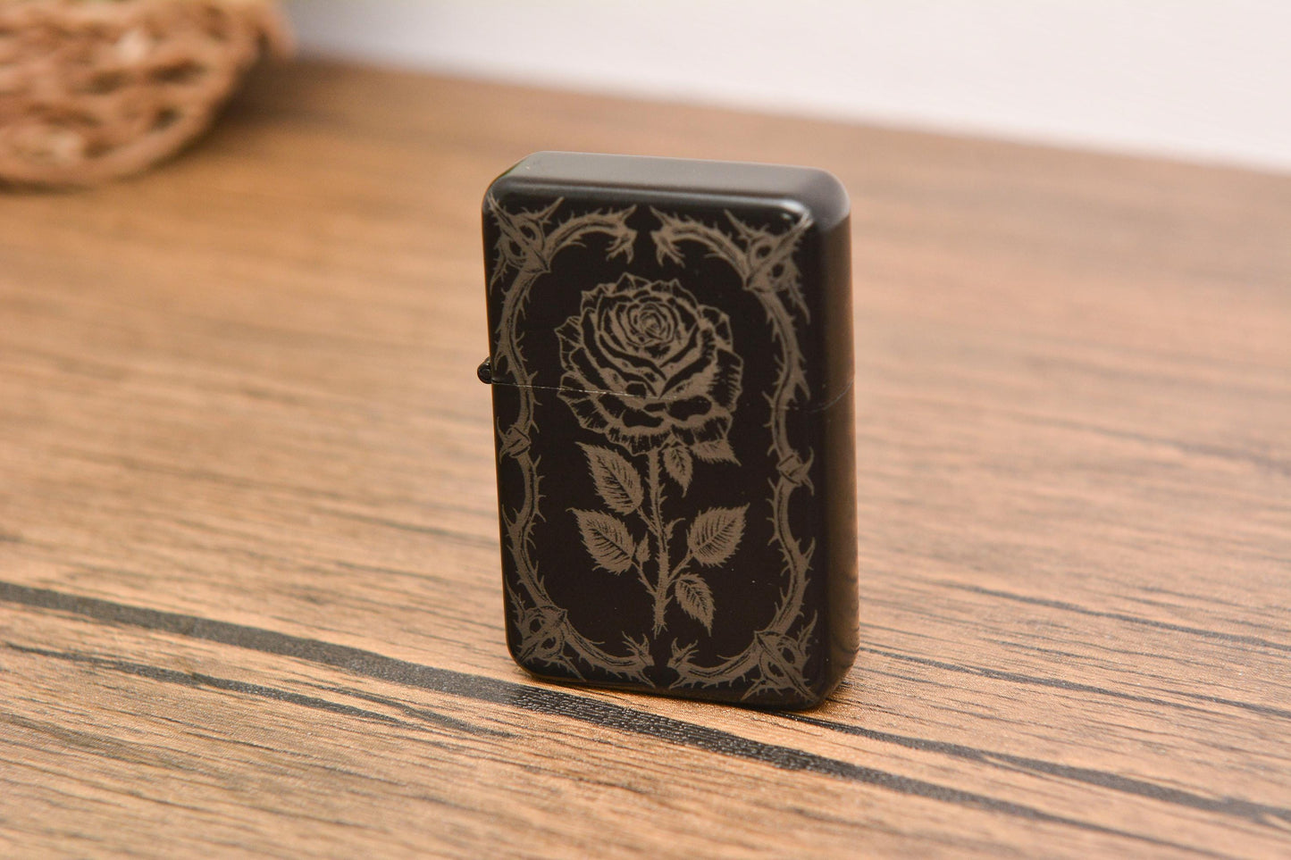 Gothic Rose Engraved Refillable Flip Lighter – Dark Floral Petrol Lighter in Gift Tin, Witchy Pagan Gift for Him or Her