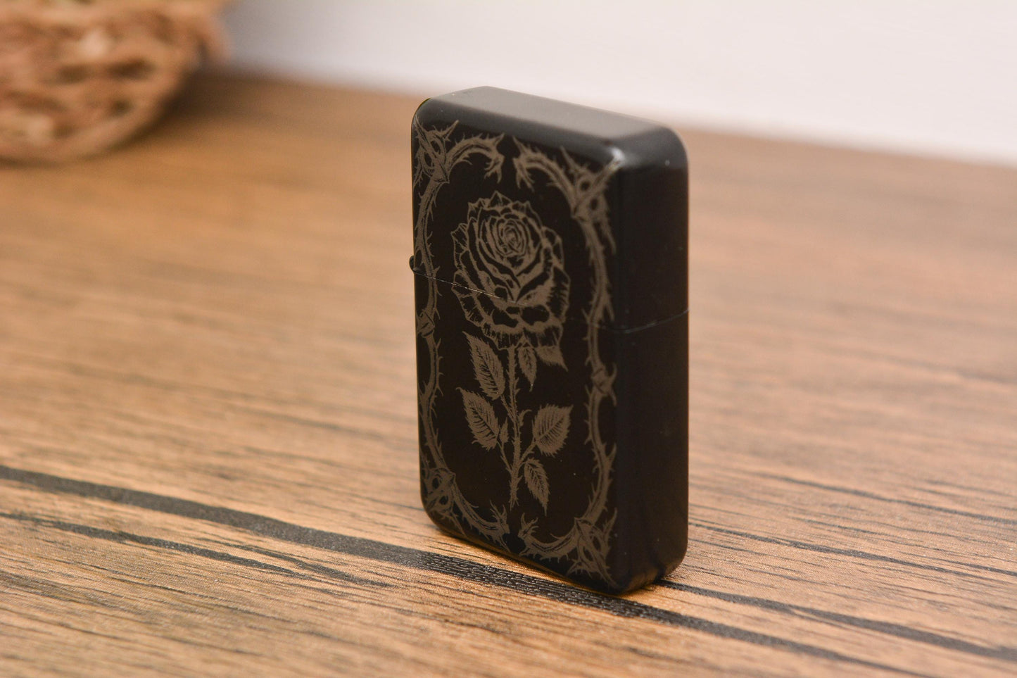 Gothic Rose Engraved Refillable Flip Lighter – Dark Floral Petrol Lighter in Gift Tin, Witchy Pagan Gift for Him or Her