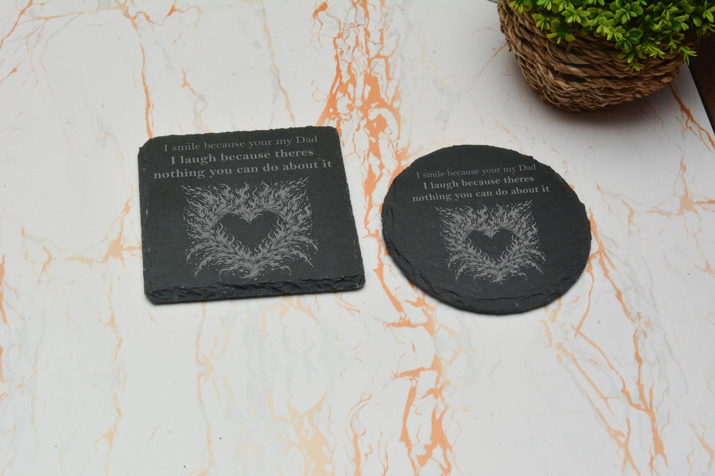 Funny Father’s Day Slate Coasters – Laser Engraved Dad Quote Gift – Rustic Home Bar Decor for Him