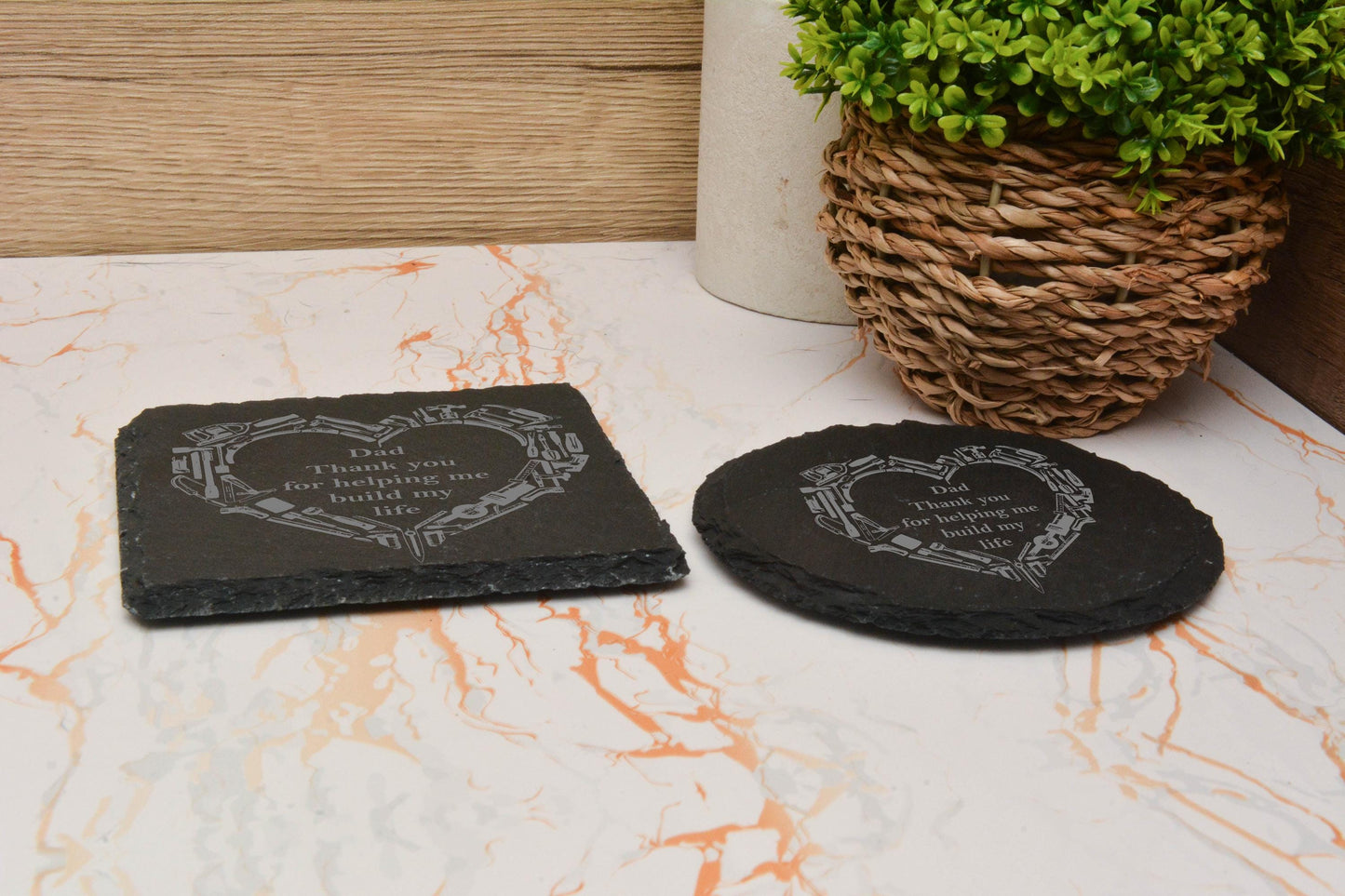 Funny Father’s Day Slate Coasters – Laser Engraved Dad Quote Gift – Rustic Home Bar Decor for Him