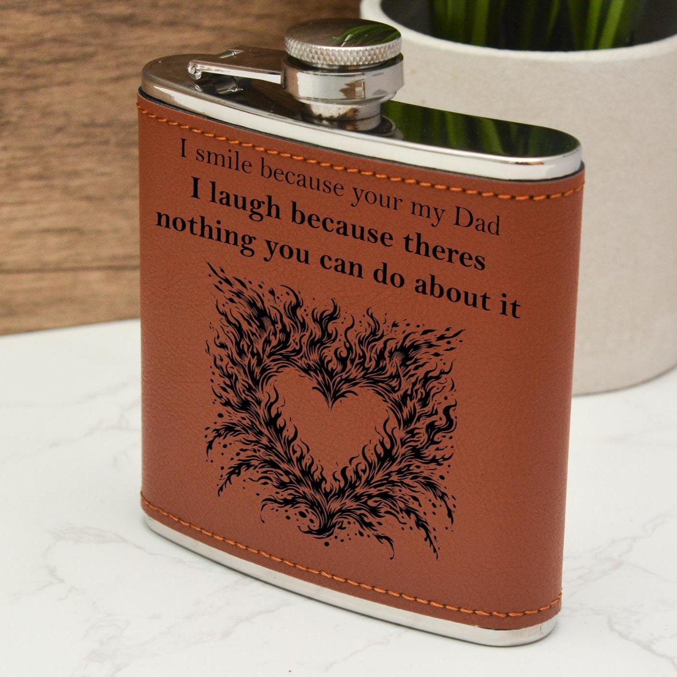 Personalised Father’s Day Hip Flask – 6oz Stainless Steel with Brown Leather Wrap – Funny or Custom Engraved Gift for Dad