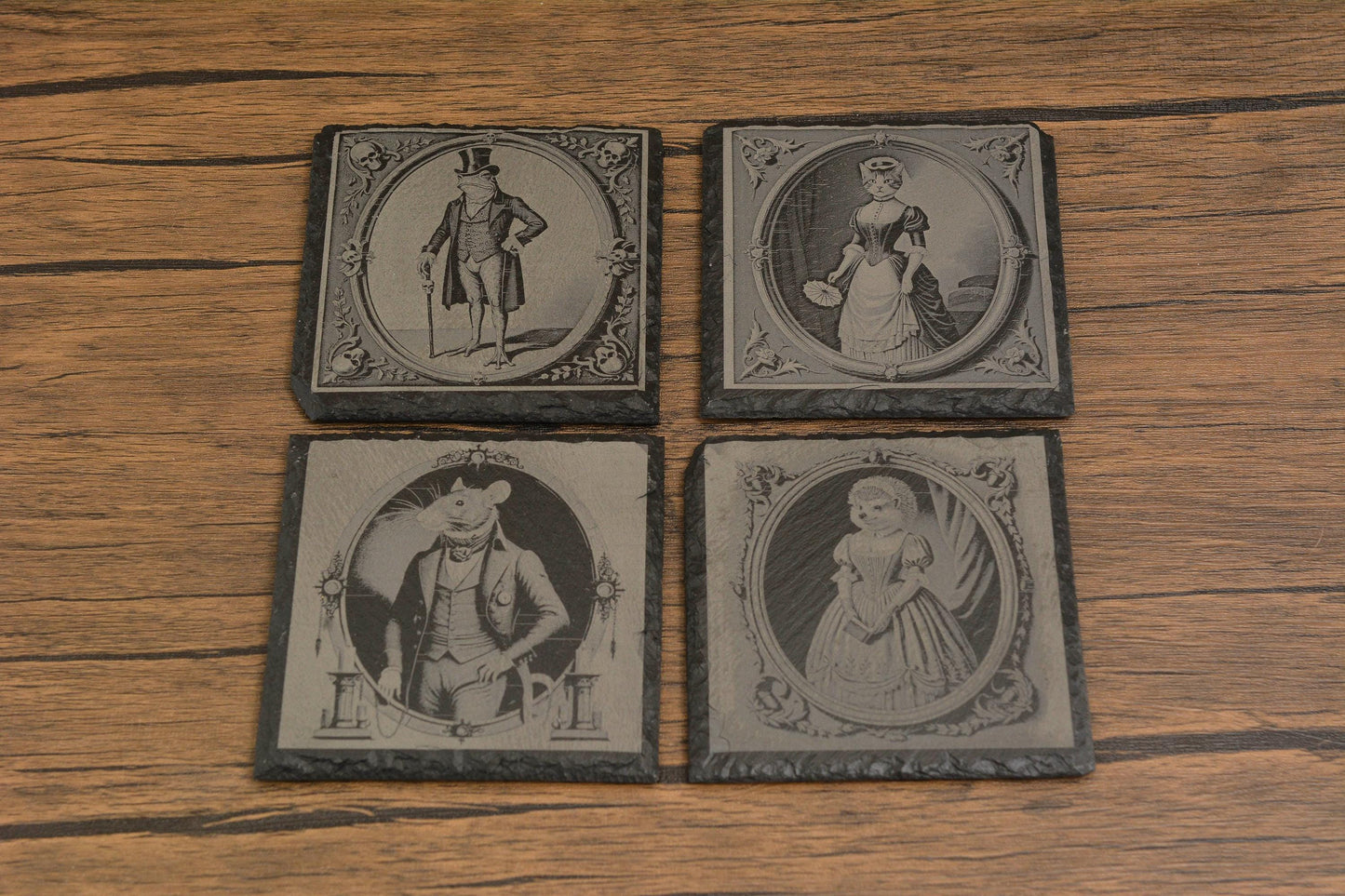 Gothic Slate Coaster, Victorian Animal Portraits of Frog, Cat, Rat & Hedgehog, Laser Engraved Rustic Drink Coaster, Quirky Gothic Home Decor