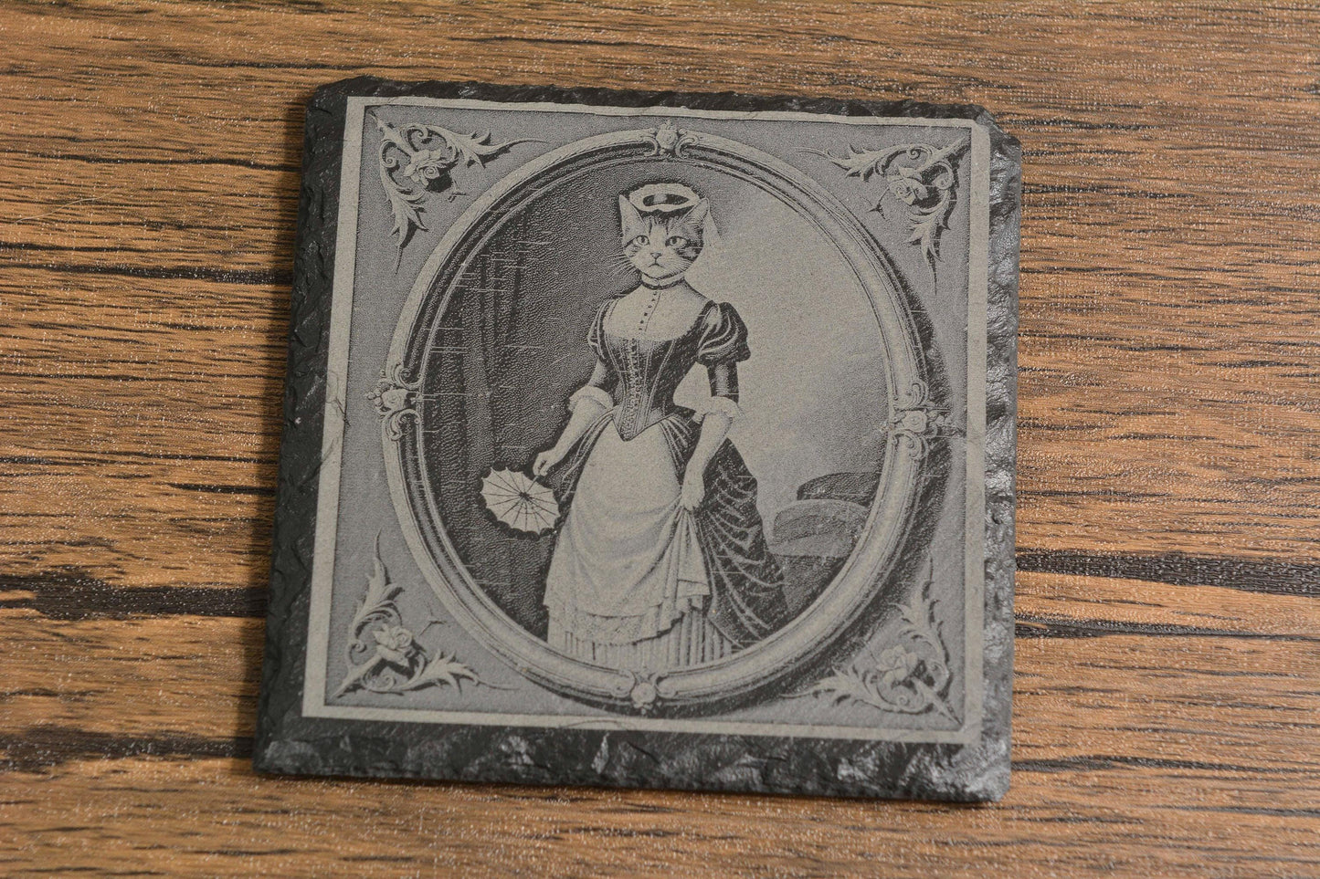Gothic Slate Coaster, Victorian Animal Portraits of Frog, Cat, Rat & Hedgehog, Laser Engraved Rustic Drink Coaster, Quirky Gothic Home Decor