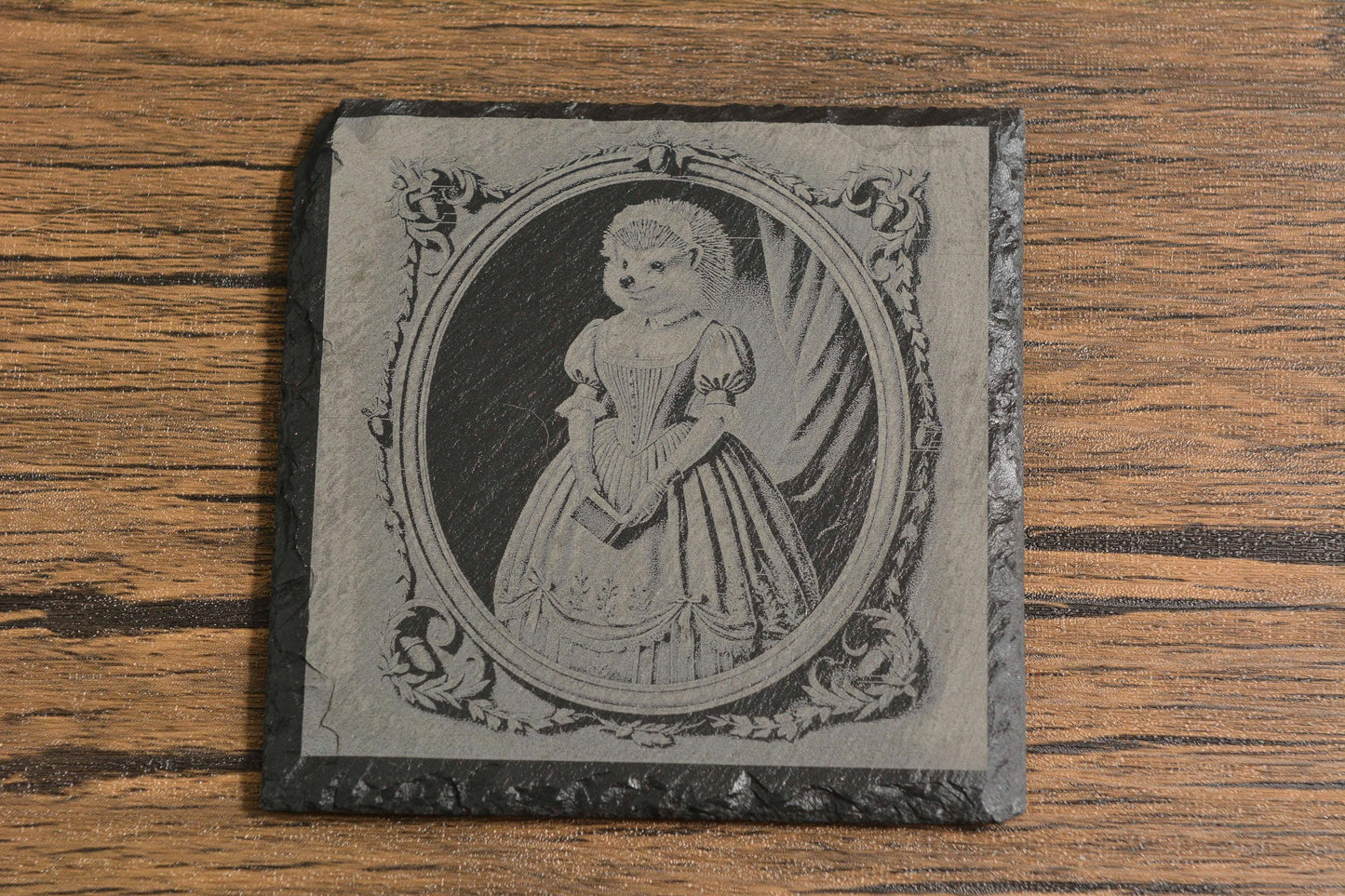 Gothic Slate Coaster, Victorian Animal Portraits of Frog, Cat, Rat & Hedgehog, Laser Engraved Rustic Drink Coaster, Quirky Gothic Home Decor