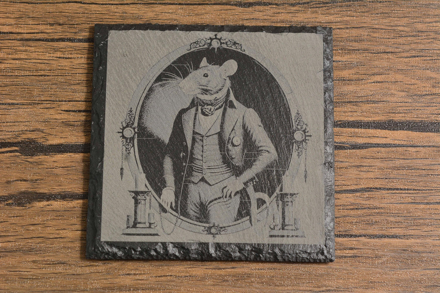 Gothic Slate Coaster, Victorian Animal Portraits of Frog, Cat, Rat & Hedgehog, Laser Engraved Rustic Drink Coaster, Quirky Gothic Home Decor