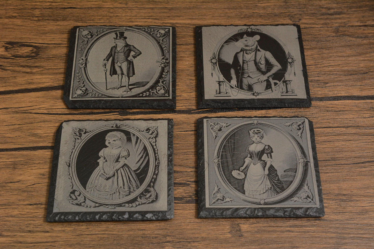 Gothic Slate Coaster, Victorian Animal Portraits of Frog, Cat, Rat & Hedgehog, Laser Engraved Rustic Drink Coaster, Quirky Gothic Home Decor