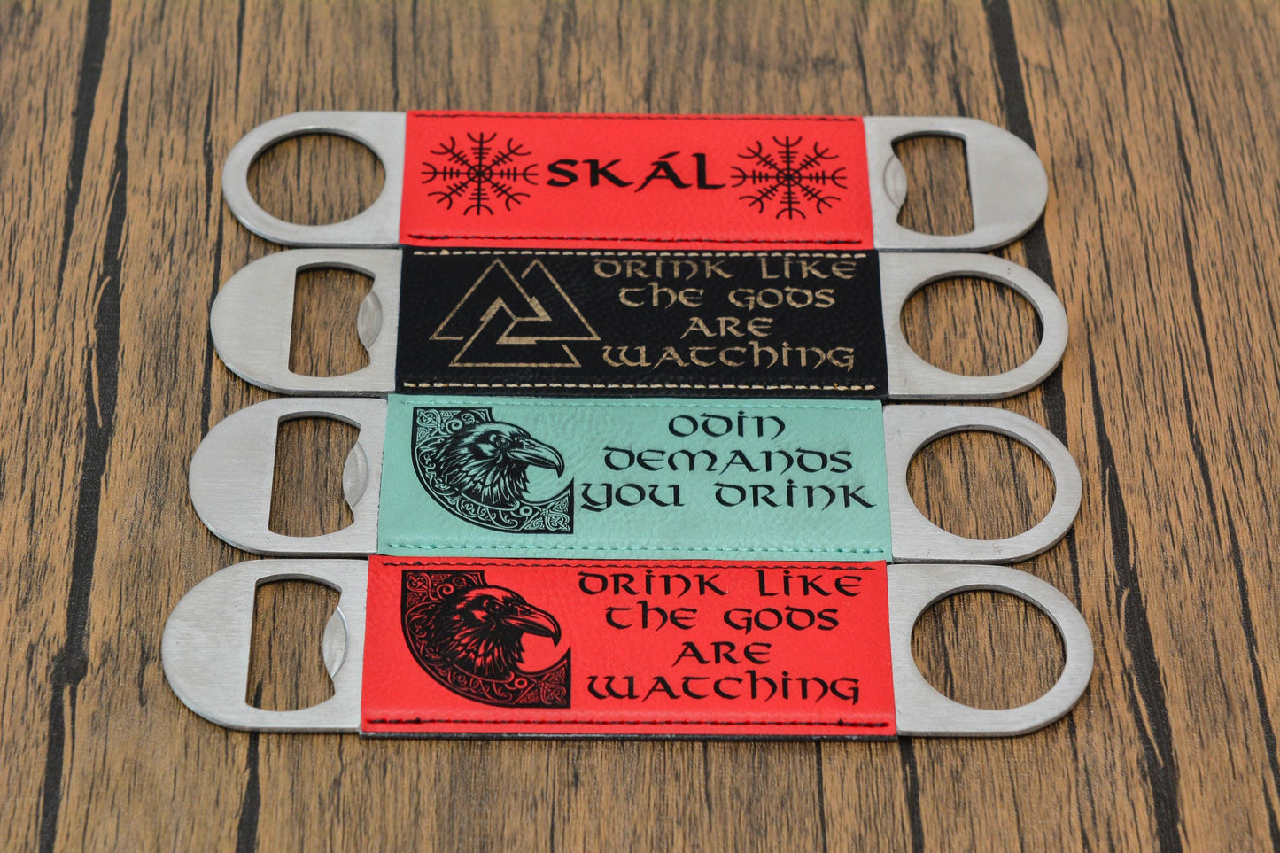Viking Bottle Opener Bar Blade – Norse PU Leather & Steel – Odin, Skål, Valknut Designs – Pagan Gift for Him – Norseman Bar Tool