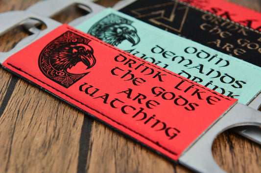 Viking Bottle Opener Bar Blade – Norse PU Leather & Steel – Odin, Skål, Valknut Designs – Pagan Gift for Him – Norseman Bar Tool