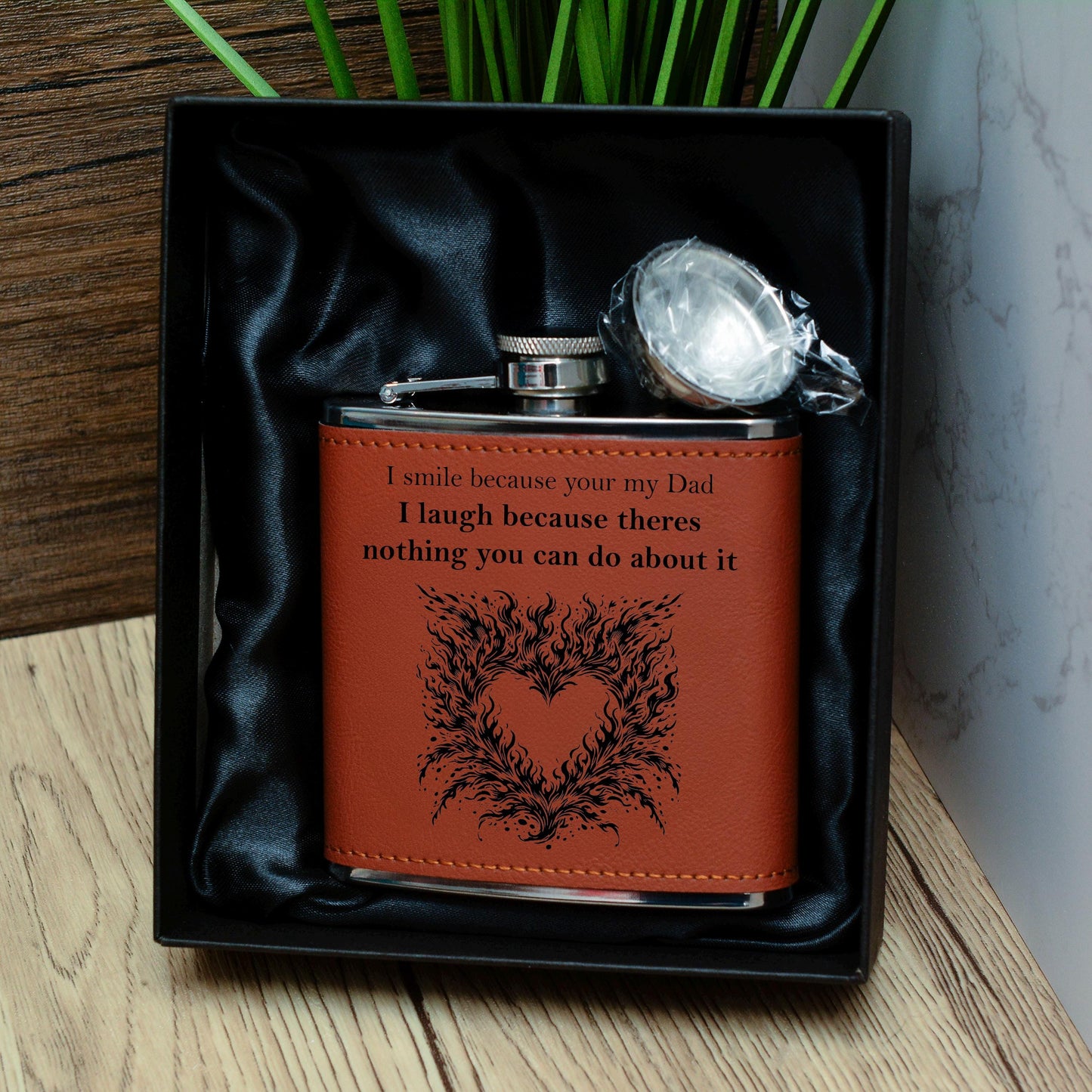 Personalised Father’s Day Hip Flask – 6oz Stainless Steel with Brown Leather Wrap – Funny or Custom Engraved Gift for Dad