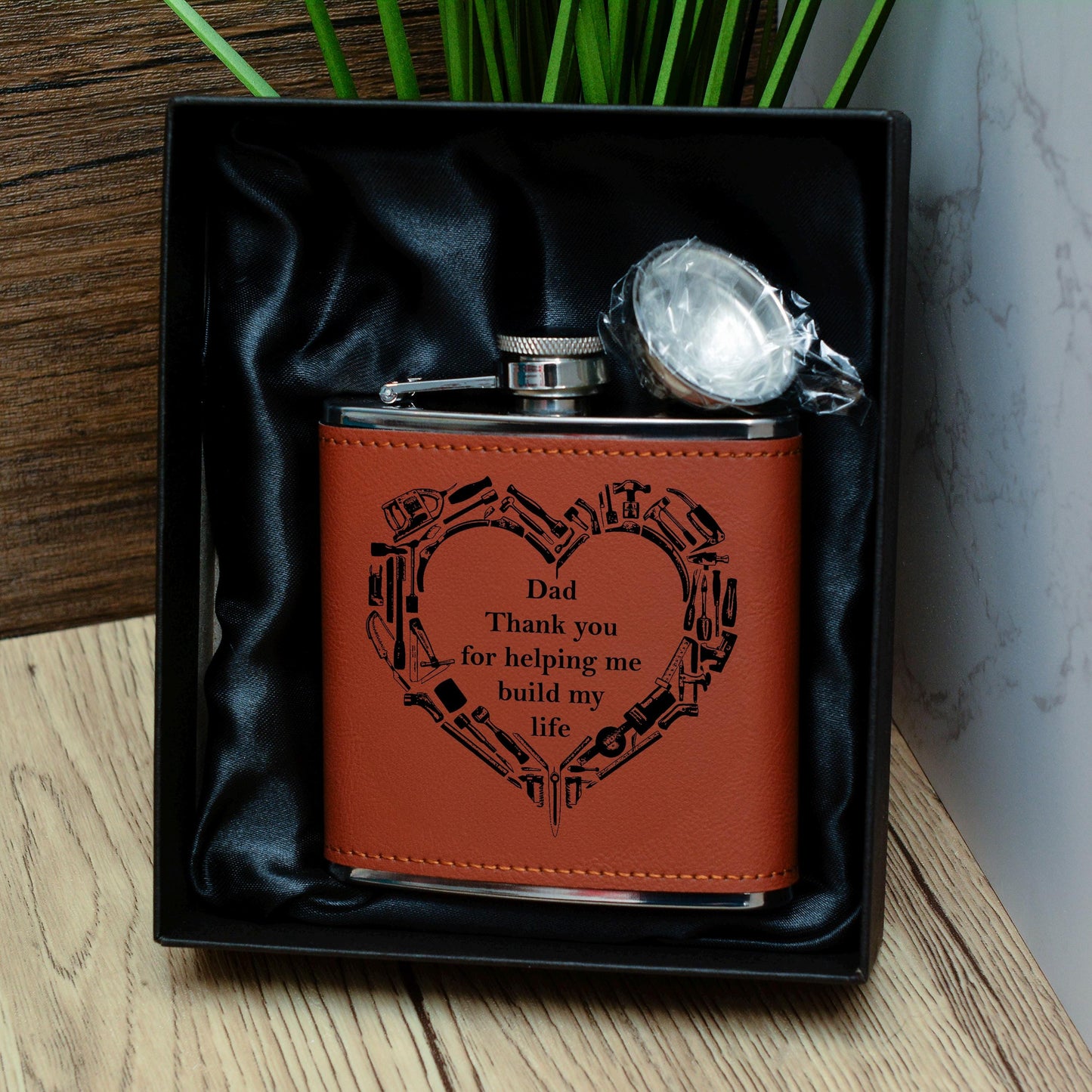 Personalised Father’s Day Hip Flask – 6oz Stainless Steel with Brown Leather Wrap – Funny or Custom Engraved Gift for Dad