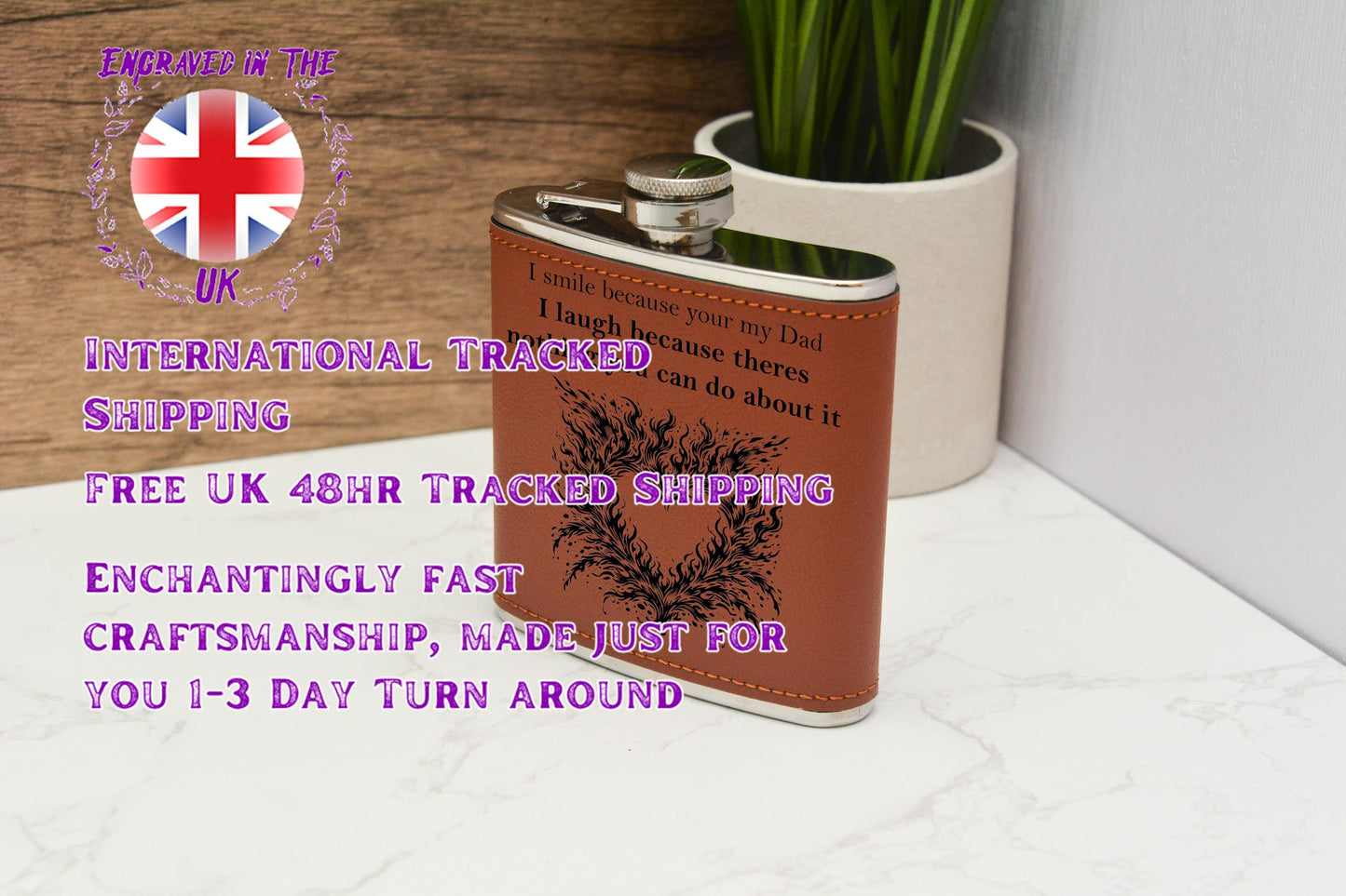 Personalised Father’s Day Hip Flask – 6oz Stainless Steel with Brown Leather Wrap – Funny or Custom Engraved Gift for Dad
