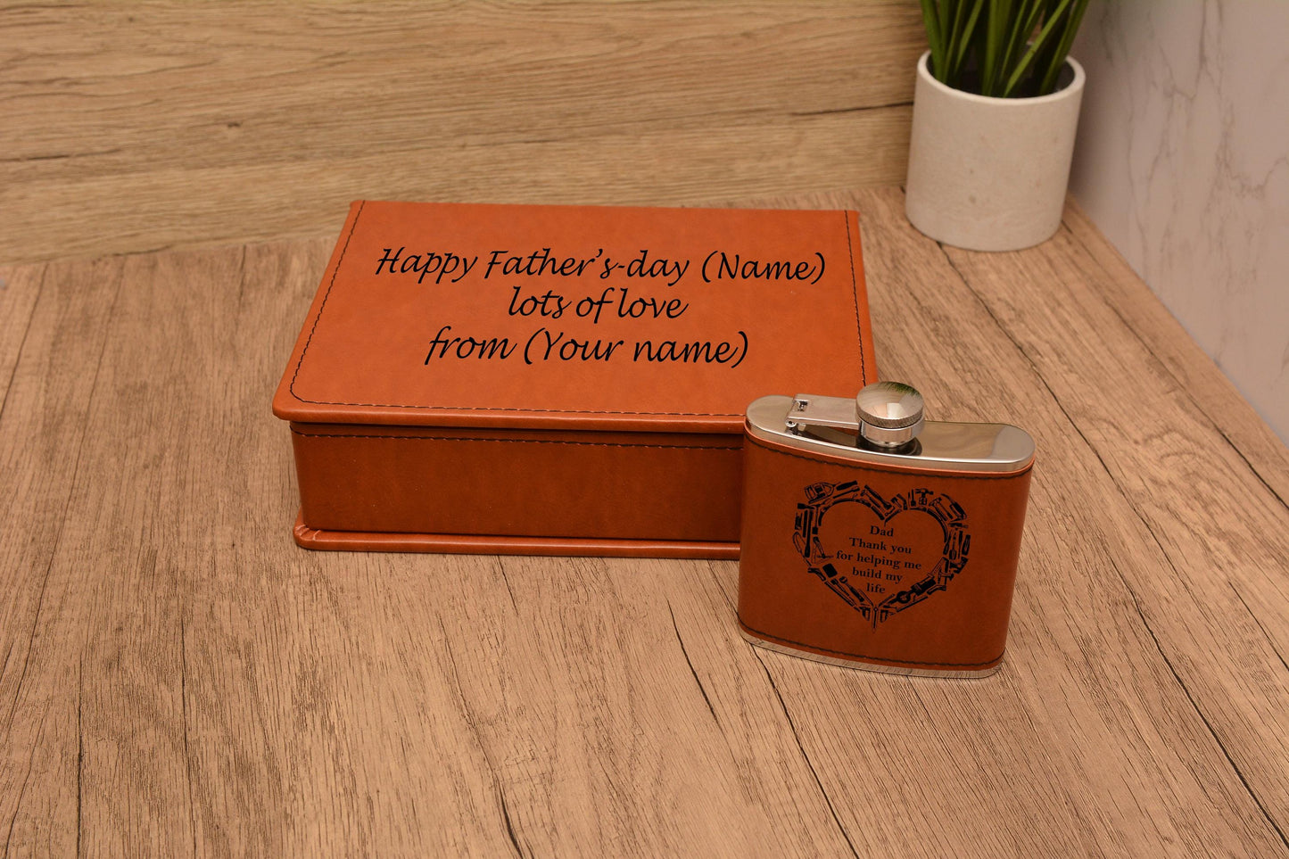 Personalised Father’s Day Hip Flask – 6oz Stainless Steel with Brown Leather Wrap – Funny or Custom Engraved Gift for Dad