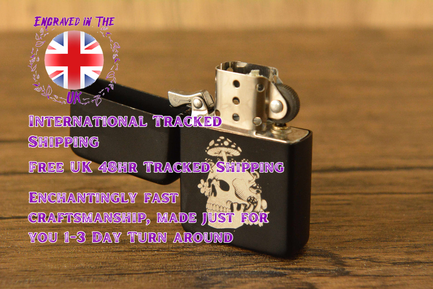 Gothic Skull and Mushroom Engraved Lighter – Black Matte Stainless Steel Refillable Flip Top