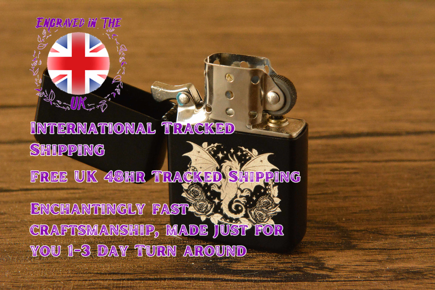 Dragon Engraved Lighter – Black Matte Stainless Steel Refillable Flip Top