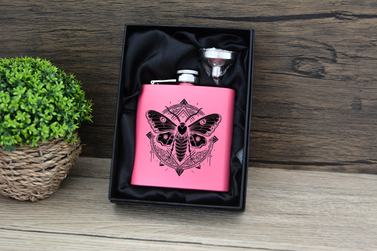 Whimsical Moth Pink Hip Flask – 6oz Steel Engraved Gift with Gift Box (Black or Silver Finish)