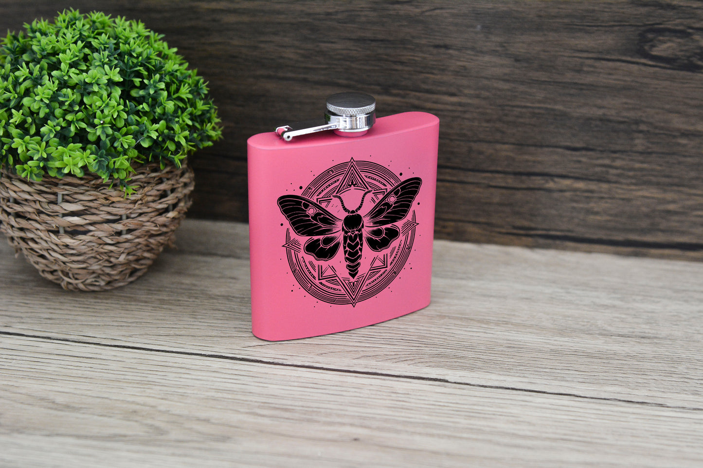 Whimsical Moth Pink Hip Flask – 6oz Steel Engraved Gift with Gift Box (Black or Silver Finish)
