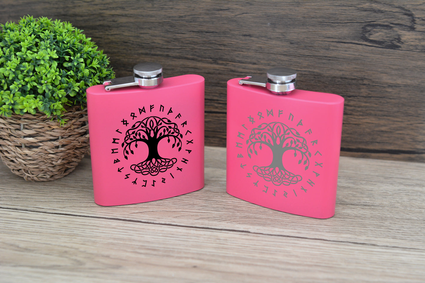 Norse Viking Pink Hip Flask – 6oz Steel Engraved Gift with Gift Box (Black or Silver Finish)