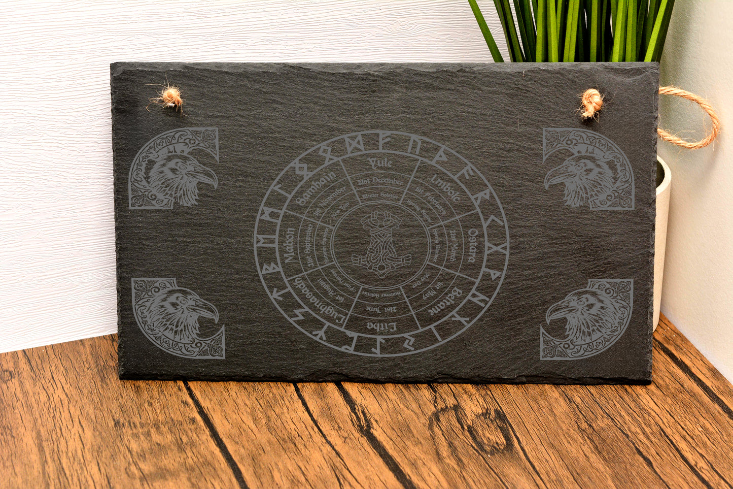 Norse Pagan Calendar Slate Hanging Sign – 25x15cm Viking Year Wheel with Runes & Ravens